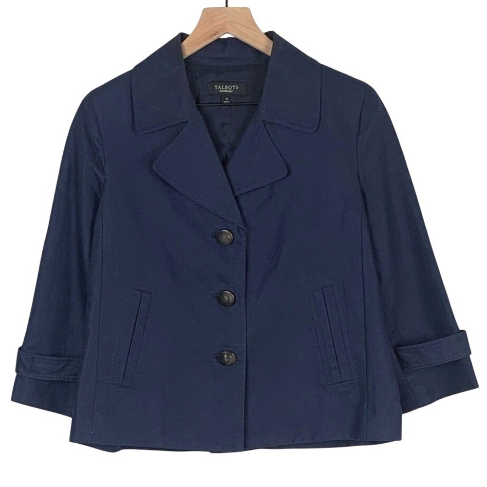 TALBOTS Cotton Linen Blend Button Front Cropped Jacket Sz 4 Navy Blue 3/4 Sleeve